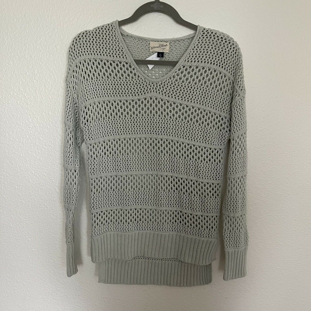 Universal Thread Teal Knit V Neck Crochet Sweater Women's Size XS Brand New